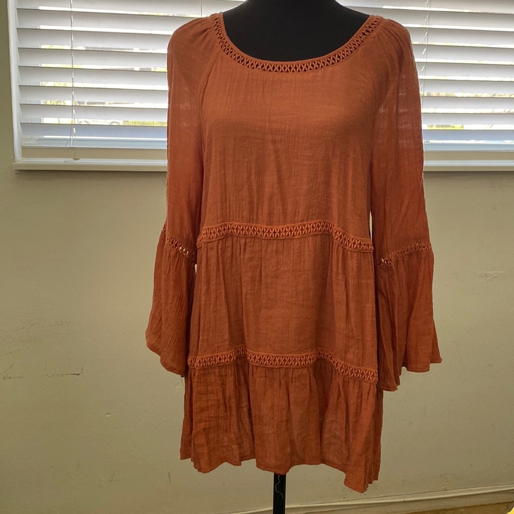 Spense burnt orange peasant blouse with bell sleeves and threaded stripes